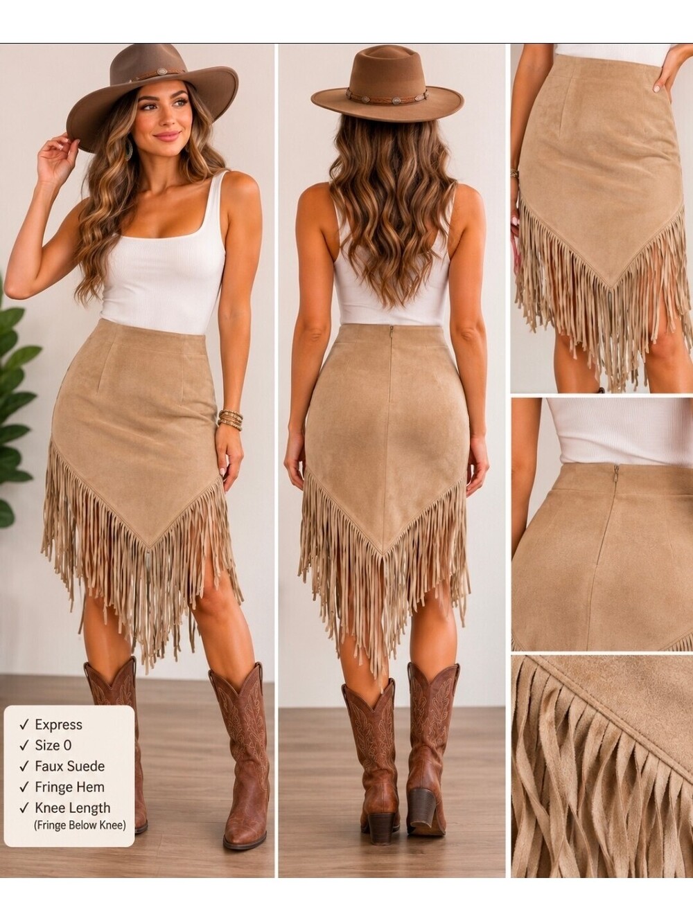 Express Size 0 Faux Suede Fringe Skirt Tan Western Cowgirl Boho Festival